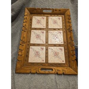 Vintage Serving Decorative Tray Hand Carved Wood And Tile 70s Roses Pinks